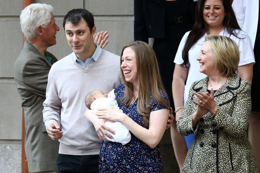 NEW YORK - June 20, 2016: Chelsea Clinton with son Aidan, Marc Mezvinsky, Bill Clinton and Hillary Clinton are seen leaving Lenox Hill Hospital on June, 2016 in New York City. 