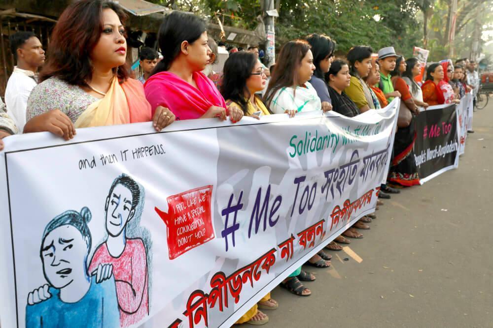 Dhaka, Bangladesh - November 16, 2018: Women working in different sectors in Bangladesh, including the media, demonstrate in front of the Press Club in Dhaka as part of the global # Me Too movement.