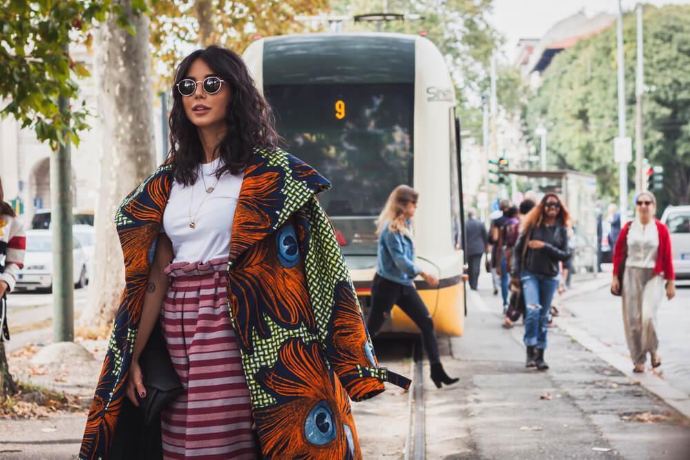 Woman wearing patterned jacket