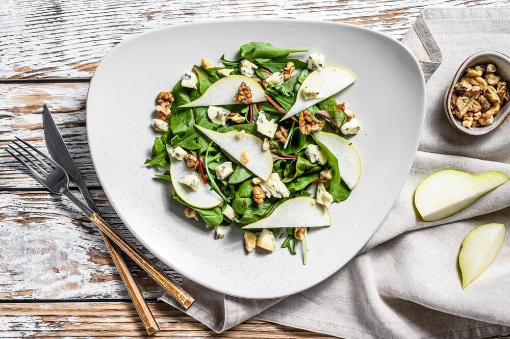 Pear and cheese salad on plate